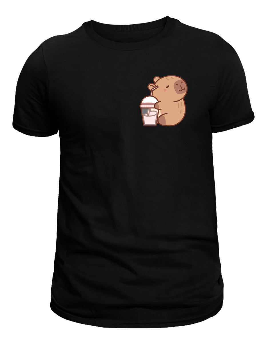 Playera Negra Mujer – Capibara con Malteada Tierno | Minimalismo Urbano Ajolotástico