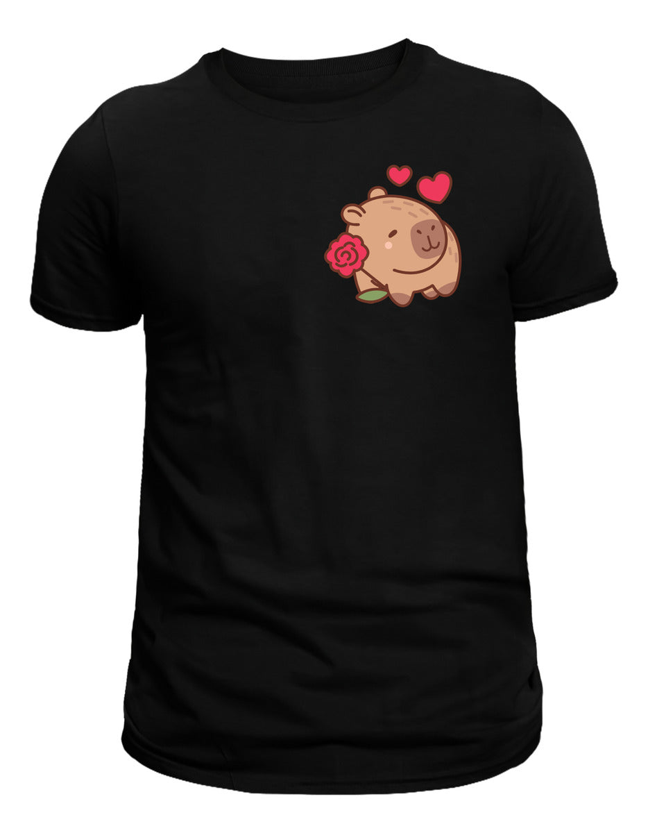 Playera Negra Hombre – Capibara con Rosa y Corazones | Minimalismo Urbano Ajolotástico