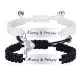 Hand woven black and white rope with engraved steel plate lettering love magnetic stainless steel couple bracelet
