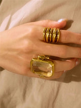 Retro Square Natural Stone Crystal Ring Metal Geometry for Women Brass Jewelry Fashion  High Quality Gifts European American