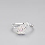 925 Sterling Silver Zircon Enamel Plum Flower Adjustable Ring Elegant Fine Jewelry For Women Romantic Party Bijoux