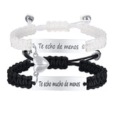 Hand woven black and white rope with engraved steel plate lettering love magnetic stainless steel couple bracelet