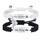 Hand woven black and white rope with engraved steel plate lettering love magnetic stainless steel couple bracelet