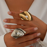Irregular imitation pearl ring, nightclub trendy women's oval spiral pattern adjustable ring