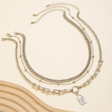 Multi layer stacked metal chain punk necklaces, niche minimalist full diamond mixed lock necklace