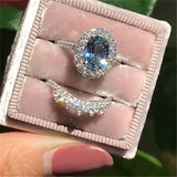 2pcs / set Vintage Oval Cut Natural Crystal Engagement Ring Set Anniversary Gift Women Wedding Banquet Party Jewelry Ring