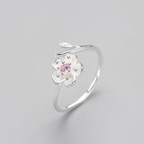 925 Sterling Silver Zircon Enamel Plum Flower Adjustable Ring Elegant Fine Jewelry For Women Romantic Party Bijoux