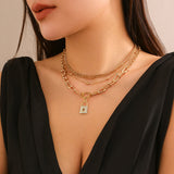 Multi layer stacked metal chain punk necklaces, niche minimalist full diamond mixed lock necklace