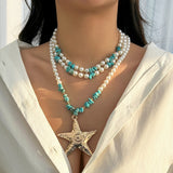 Exaggerated starfish pendant necklaces, niche women's necklaces, layered imitation pearl ocean style necklaces