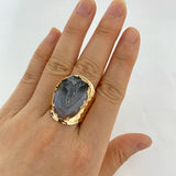 Agates Ring Slice Druzy Handmade Electroplated Goldtone Plated Free Form from Brazil Natural Stone Style