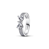 Panda Dora S925 Silver Ring with Pav&eacute; Set Sparkling Starlight Bow, Fashionable Elegant Women's Ring, Cuban Chain Pair Ring