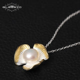 GLSEEVO 925 Sterling Silver Natural White Pearl Pendant Necklace Three Lerf Link Chain Necklace Kolye Bayan Bijoux Femme GN0011