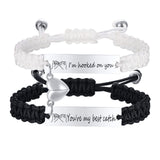 Hand woven black and white rope with engraved steel plate lettering love magnetic stainless steel couple bracelet