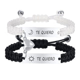 Hand woven black and white rope with engraved steel plate lettering love magnetic stainless steel couple bracelet