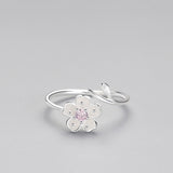 925 Sterling Silver Zircon Enamel Plum Flower Adjustable Ring Elegant Fine Jewelry For Women Romantic Party Bijoux