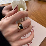 Niche Design Sense Black Zircon Love Metal Open Ring Female Personality Simple And Versatile Temperament Ring