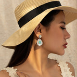 Temperament droplet shaped micro inlaid turquoise pleated earrings with simple geometric texture earrings