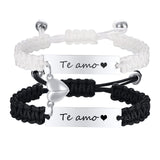 Hand woven black and white rope with engraved steel plate lettering love magnetic stainless steel couple bracelet