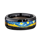 Copper-Finished Vibrant Blue and Yellow Artistic Stainless Steel 8mm Black Bead Van Gogh Star and Moon