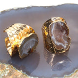 Agates Ring Slice Druzy Handmade Electroplated Goldtone Plated Free Form from Brazil Natural Stone Style