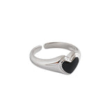 Korea Style Woman S925 Sterling Silver Ring Simple Black Enameled Heart Opening Women's Ring Silver 925 Jewelry