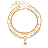 Multi layer stacked metal chain punk necklaces, niche minimalist full diamond mixed lock necklace