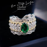 Italian Retro Court Style Hollow Pattern Two-Color Gold Couture Jewelry Lace Imitation Emerald Dove Egg Ring