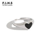 Korea Style Woman S925 Sterling Silver Ring Simple Black Enameled Heart Opening Women's Ring Silver 925 Jewelry