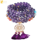 CSJA Japamala 108 Mala Beads 8MM Natural Stone Bracelet Dream Catcher Tassel Charm Bracelet Chakra Prayer Rosary Jewelry