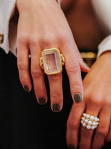 Retro Square Natural Stone Crystal Ring Metal Geometry for Women Brass Jewelry Fashion  High Quality Gifts European American