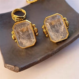 Retro Square Natural Stone Crystal Ring Metal Geometry for Women Brass Jewelry Fashion  High Quality Gifts European American