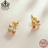 EIFFIE Original Colorful Cross Sterling Silver S925 Earrings Female Color Zircon Fashion Popular Earrings