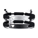 Hand woven black and white rope with engraved steel plate lettering love magnetic stainless steel couple bracelet