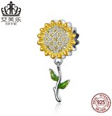 S925 Hollow Sunflower Sterling Silver Charm Pendant Yellow DIY Bracelet Beaded Long Beads