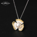 GLSEEVO 925 Sterling Silver Natural White Pearl Pendant Necklace Three Lerf Link Chain Necklace Kolye Bayan Bijoux Femme GN0011