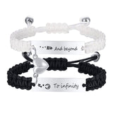 Hand woven black and white rope with engraved steel plate lettering love magnetic stainless steel couple bracelet