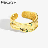 Foxanry 925 Stamp Rings New Fashion Elegant Vintage Creative Irregular Texture Green Zircon Party Jewelry for Women