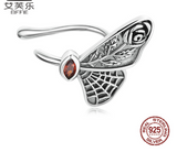Original Ear Bone Clip Single Sterling Silver S925 Retro Butterfly Earrings Red Zircon Pattern Insect Earrings
