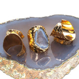 Agates Ring Slice Druzy Handmade Electroplated Goldtone Plated Free Form from Brazil Natural Stone Style