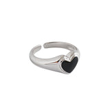 Korea Style Woman S925 Sterling Silver Ring Simple Black Enameled Heart Opening Women's Ring Silver 925 Jewelry