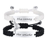 Hand woven black and white rope with engraved steel plate lettering love magnetic stainless steel couple bracelet