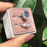 2pcs / set Vintage Oval Cut Natural Crystal Engagement Ring Set Anniversary Gift Women Wedding Banquet Party Jewelry Ring