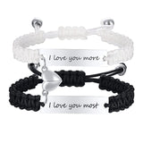 Hand woven black and white rope with engraved steel plate lettering love magnetic stainless steel couple bracelet