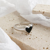 Korea Style Woman S925 Sterling Silver Ring Simple Black Enameled Heart Opening Women's Ring Silver 925 Jewelry