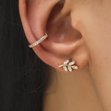 Women's gold diamond studded ear bone clip without ear holes, fashionable and integrated geometric ear clip, leaf shaped ear clip