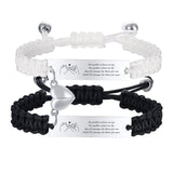 Hand woven black and white rope with engraved steel plate lettering love magnetic stainless steel couple bracelet