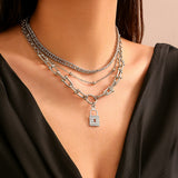 Multi layer stacked metal chain punk necklaces, niche minimalist full diamond mixed lock necklace