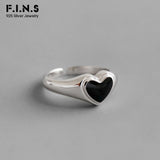 Korea Style Woman S925 Sterling Silver Ring Simple Black Enameled Heart Opening Women's Ring Silver 925 Jewelry