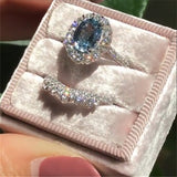2pcs / set Vintage Oval Cut Natural Crystal Engagement Ring Set Anniversary Gift Women Wedding Banquet Party Jewelry Ring