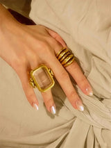 Retro Square Natural Stone Crystal Ring Metal Geometry for Women Brass Jewelry Fashion  High Quality Gifts European American